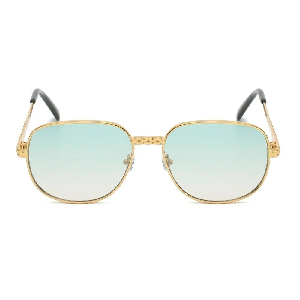 Mens Gold Square Aviator Sunglasses Green‎ Gradient Lens Textured Metal Frames